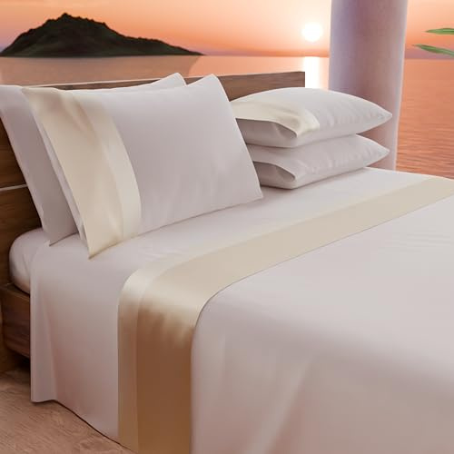 PETTI Artigiani Italiani - Set Lenzuola Letto Matrimoniale con Doppia Balza in Raso 4 Pezzi 180x200 Lenzuola in Percalle di Cotone - Lenzuolo con Angoli, Lenzuolo sopra e 2 Federe, Panna