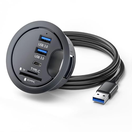 CY USB 3.0 Hub SD TF USB-C 2-portar USB 60 mm skrivbordsgenomföring Splitter Dockstation Micro-SD-kortläsare för stationär PC