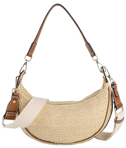 Junerain Stroh Umhängetaschen for Damen Strand Halbmondtasche Sommer Chic gewebte Handtasche Stroh Umhängetasche Geldbörse Halbmond Tasche aus Stroh mit verstellbarem Riemen