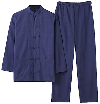 Chinesische Kleidung Tang-Anzug aus reiner Baumwolle, bequemer Kampfsportanzug for Herren, traditionelle Kleidung, atmungsaktive Kung-Fu-Uniformen, Tai-Chi-Kleidung, langärmliges Hemd und Hose(Blue,M-