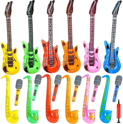 19 Pcs Inflatable Rock Star Instrument Set 6 Inflatable Guitar 6 Inflatable Microphone 6 Inflatable Saxophone 1 Air Pump for 80s Themed Party Carnival Birthday Party Decorations