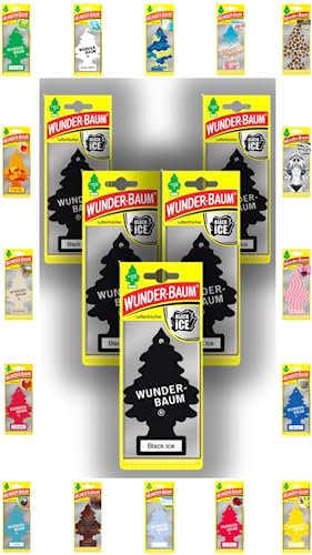 Wunder-Baum Profumo per auto, deodorante a forma di albero profumato, 5 pezzi + penna light-tribe (Black Ice)