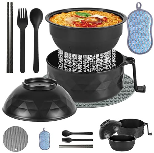 TZQFROCE Microwave Ramen Bowl Ramen Mikrowellenschüssel Ramen Nudelschüssel mit Stäbchen Instant Ramen Bowl mit Deckel und Löffel tragbarer Mikrowellen Ramen Kocher für Suppe, Pasta, Salate(Schwarz)