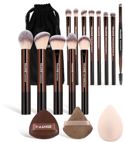 MAANGE 16PCS Makeup Brush Set Travel Makeup Brushes for Liquid Powder Contour Concealer Cream Cosmetics Blending Eyeshadow Eyeliner (Coffee)