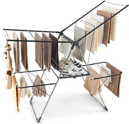 HOMASIS Séchoir à Linge Pliable avec 2 Ailes Réglable en Hauteur, Étendoir à Linge avec 33 Rails de Séchage, Pinces à Chaussettes, Barres Latérales (Noir)