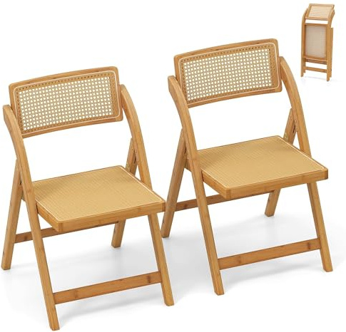 RELAX4LIFE Lot de 2 Chaise Pliante Bois, Chaises Rotin Salle à Manger avec Cadre en Bambou, Dossier Pivotant, Chaise Cannage Pliante, Style Bohème, Aucun Montage, Charge 150 kg, pour Cuisine Salon (1)