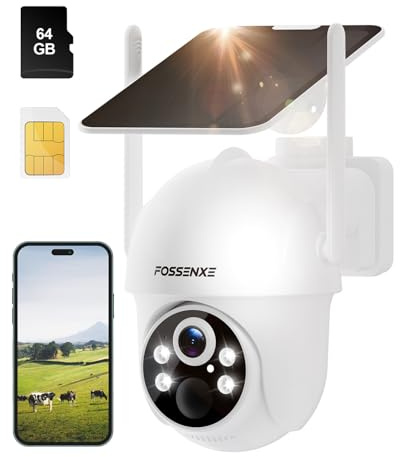 FOSSENXE 4G LTE Cellular Security Camera Includes 64GB Memory Card & SIM Card(Support Verizon/AT&T/T-Mobile), No WiFi Security Camera Solar Powered with 360° Live View, 2K Color Night Vision