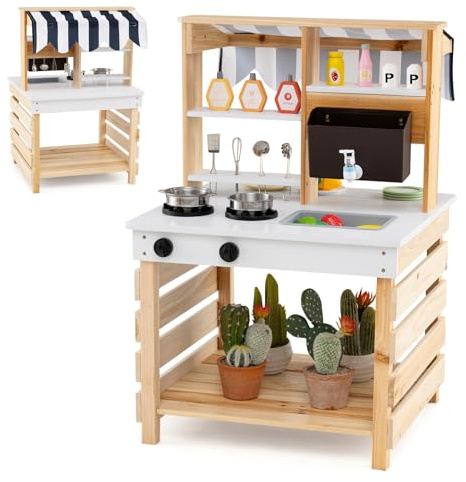 GYMAX Kids Mud Kitchen, Outdoor Double-Sided Toy Kitchen with Stoves, Removable Sink, Faucet, Storage Shelves & Cookware Accessories, Wooden Play Kitchen for 3+ Years Old Boys Girls (Natural)
