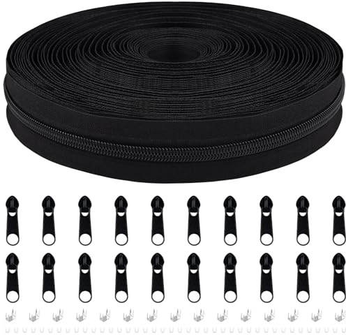 DOITEM #5 Nylon Coil Zippers by The Yard Bulk 10 Yards 9 Meters with 20pcs Zipper Sliders for DIY Sewing Tailor Craft Bag Garment Home Textile (Black, #5)
