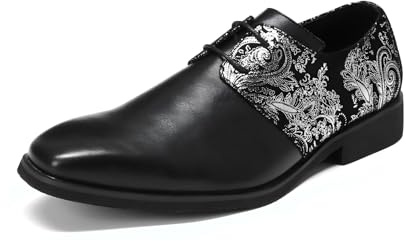 YFFUSHI Scarpe Uomo Formali Punta Affusolata Jacquard Pelle Lucida Derbys Affari Lacci Brogues Traspiranti, Nero PU e Argento Ricamati, 43