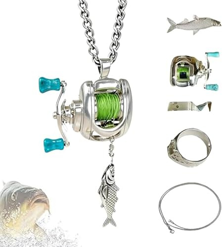 wodjcks Conjunto de joyas con diseño de carrete de pesca, collar con carrete de pesca, colgante con mini carretes de pesca, colgantes de peces con manivela giratoria y guía de hilo móvil