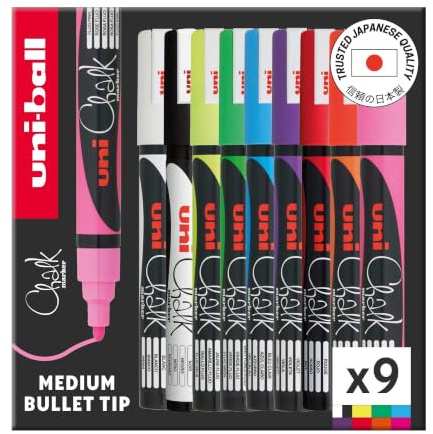 uni-ball Chalk Marker, Medium Bullet Tip, Assorted Colours (9-Pack) | 9 Vibrant Colours, Precision Medium Bullet Tip, Smooth Ink Flow, Ideal for Writing & Decorating, Indoor & Outdoor Use