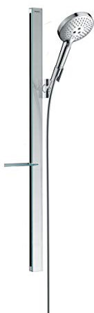 hansgrohe wassersparendes Duschsystem (Duschkopf, Schlauch, Duschstange, Raindance Select S 120 Regendusche 0,90m mit Ablage, 3 Strahlarten) Chrom