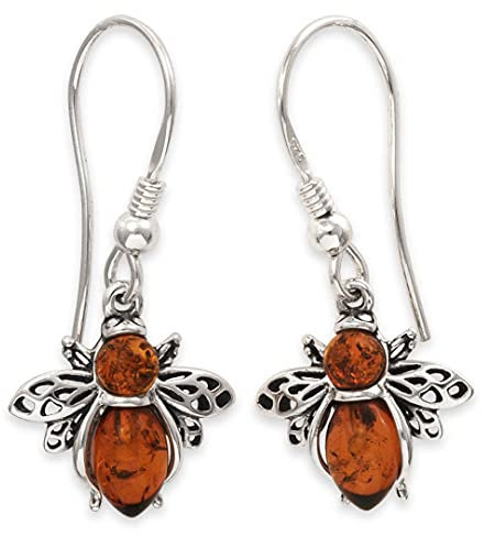 Sterling Silver & Natural Baltic Honey Amber BUMBLE BEE Hook Drop OR Stud Earrings