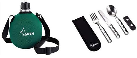 Laken Cantimplora de Aluminio 1L con Funda de Neopreno Verde + 1410FN, Set de Cubiertos de Acero Inoxidable con Funda de Neopreno