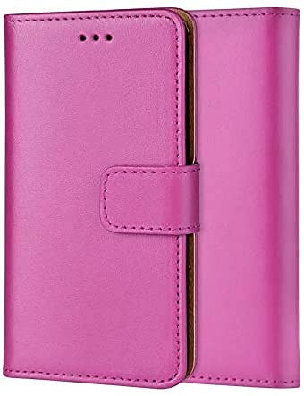 ameego Genuine Leather Bookcase for iPhone 13 Mini, Premium authentic Genuine Leather Wallet case with Magnetic, Kickstand, Cash & Card Slots Stockproof Slim Flip bookcase cover 5.4'' (Hot Pink)