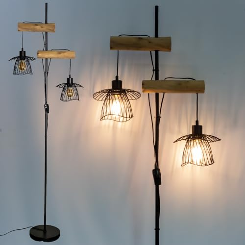 Osasy lampe industrielle sur pied,Lampadaire 2 Lumières, Abat-jour en Métal Noir Style, Support en Bois Naturel, Base Ronde Stable