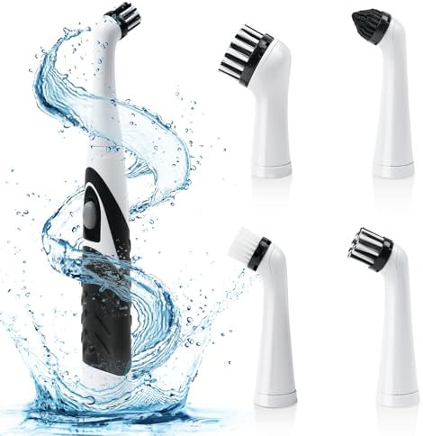 Adiwo Elektrische Reinigungsbürste, 4 in 1 Fugenreiniger Elektrisch Mit 4 Bürstenköpfe Elektrische Bürste zum Putzen Schrubber mit Stiel für Zuhause Badezimmerböden Wannen Duschen Fliesen Schwarz