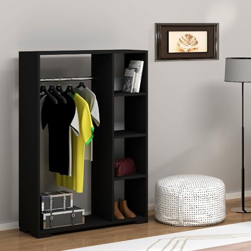 [en.casa] Armoire pour Chambre Portant à Vêtements Garde-Robe Ouvert avec Barre de Penderie 4 Compartiments de Rangement Panneau de Particules Plastique 123 x 90 x 30 cm Noir