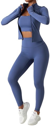 Belriviere Conjunto deportivo de dos piezas para mujer, chaqueta de manga larga con cremallera y leggings atléticos de cintura alta, conjunto de entrenamiento, azul, S