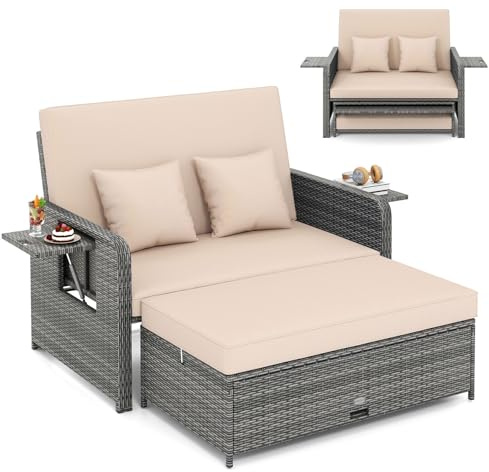 COSTWAY Garden Rattan Daybed, 4-Level Adjustable Patio Wicker Loveseat Sofa Bed Sun Lounger with Storage Ottoman, Retractable Tray & Cushions, Outdoor Double Conversation Furniture (Beige+Mix Grey)