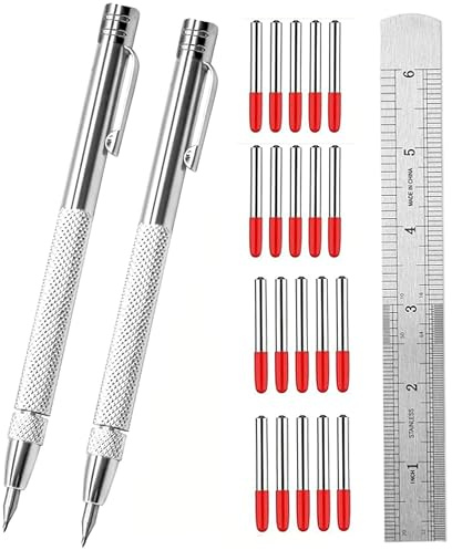 XIANFENGHU 2 pennarelli in carburo di tungsteno con magnete, con 20 punte di ricambio extra e righello in acciaio. Penna da incisione per metallo, legno, vetro, plastica e ceramica.