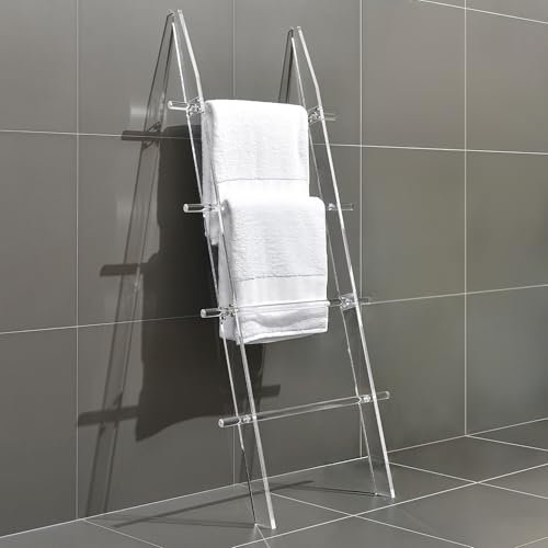 MESAILUP 4 Tier Blanket Ladders, Modern Decor Waterproof Towel Rack for Bathroom, Living Room and Bedroom, Easy Assembly Transparent Blanket Holder, Leaning Quilt Ladder Shelf with Anti Slip Pads