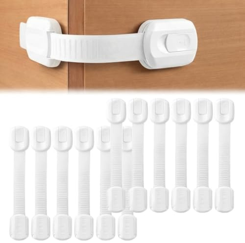 12 Cerraduras de Seguridad Cajones para Niños y Bebés – Pack de 12 Bloqueos Adhesivos para Cajones, Puertas y Armarios – Protección Infantil sin Taladro, Fáciles de Instalar y Retirar, Blanco