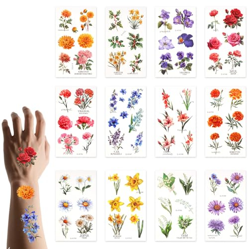 lasuroa 60pcs Flower Temporary Tattoos for Kids, Waterproof Flower Fake Tattoos Temporary Stickers Arm Shoulder Hand Decorations Birthday Party Supplies for Girls Boys Children