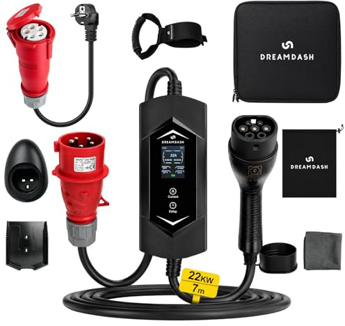 Cargador Coche Electrico Trifasico 22kW, Tipo 2 a enchufe rojo CEE 32A 5 Pines, Cable 7m, Adaptador Schuko, Ajustable 6-32A 1-12h, IP65, Trabajo -30 ℃ a 50 ℃, Wallbox portátil para BEV y PHEV