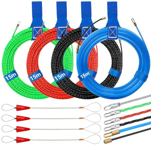 4 Pièces Aiguille Electricien 15m, 4mm Diamètre Tire Cable Électrique, Tire Fils Electrique avec 8 Ressorts de Guidage, Enfile-câble pour la Pose de Câbles Tubes Vides, Vert, Rouge, Noir, Bleu