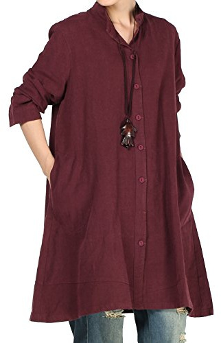 Vogstyle Women's Autumn Cotton Linen Full Front Buttons Shirt Dress with Pockets XX-Large Burgundy
