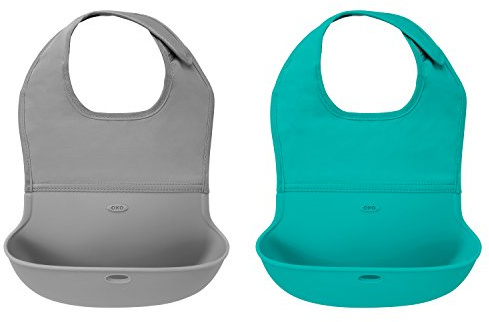 OXO Tot Babero enrollable de silicona impermeable de 2 piezas con cuello de tela de ajuste cómodo, gris/verde azulado