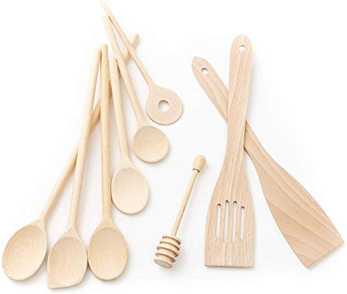 tuuli Kitchen 9 pezzi set Cucchiaio da Cucina Utensili in Legno di Faggio (6x Mestolo 18cm-35cm, Cucchiaio per miele, 2x Spatola da cucina)