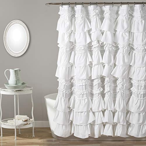 Lush Decor Kemmy Ruffled Shower Curtain, Single, 72 W x 72 L, White - Bathroom Curtain - Fabric Shower Curtains for Bathroom - Coquette Decor