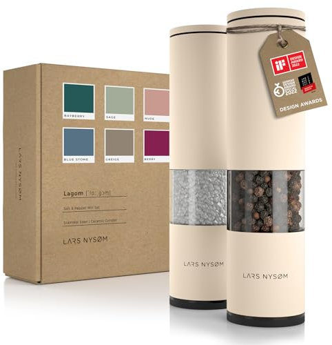 LARS NYSØM Salt and Pepper Grinder Set 2 Pieces I Salt Pepper Mill with Adjustable Ceramic Grinder I Design Spice Grinder Set Manual (Almond Beige)