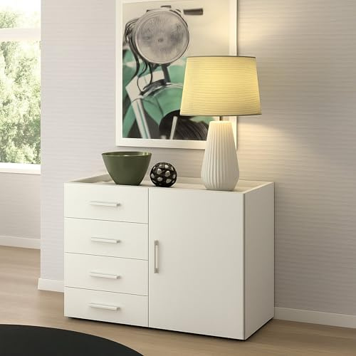 Dmora - Buffet Violetta, Buffet avec 1 porte et 4 tiroirs, Buffet de salon, Armoire polyvalente avec étagères, 100% Made in Italy, 90x41h87 cm, Blanc
