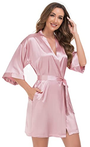 Voguemax Accappatoio corto kimono da donna in raso setoso, perfetto per spose, damigelle d'onore, abbigliamento da notte e morbida camicia da notte