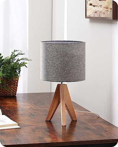 EDISHINE 36cm Wood Bedside Table Lamp, Tripod Desk Lamp with Grey Linen Lampshade, On-Off Switch, Desk Lamps for Reading, Bedroom, Living Room, Study, Office, E27 Base