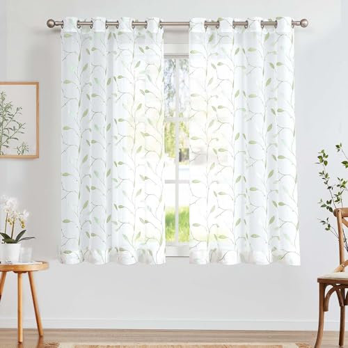TOPICK Sheer Vorhang Voile Gardinen mit Ösen Blätter Stickerei lichtdurchlässig Ösenschal Gaze Paarig Ösenschals Blatt für Wohnzimmer Schlafzimmer Stores 2er Set Grün auf Weiß H175 x B140(cm)