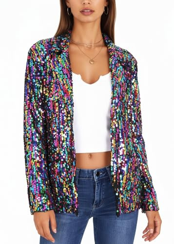 Anna-Kaci Women's Sparkle Sequin Jacket Long Sleeve Open Front Work Blazer Cardigan with Pockets, Multicolored, Small