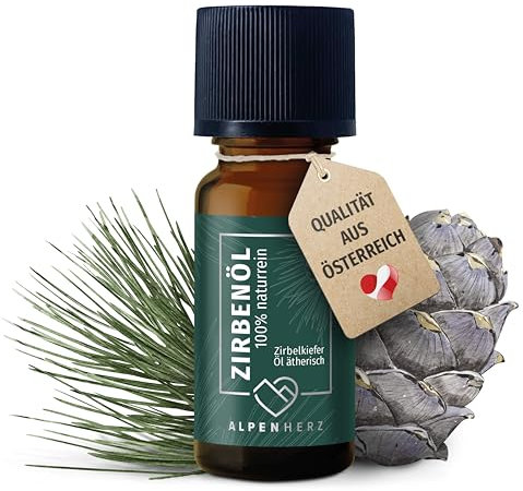 Alpenherz Zirbenöl 10 ml - 100% naturrein, ätherisches Zirbelkieferöl aus Österreich für Duftöl Raumduft Duftlampe Zirbenwürfel Diffuser Zirbe Lufterfrischer Zirbelkiefer Öl Geschenke