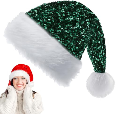 YAAVAAW 30 * 45cm Gorro Navidad Adulto Niños Verde Lentejuela,Pompón Sombrero de Navidad Unisex Felpa,Gorros Navideños Terciopelo Accesorios Decoración Navideños para Fiestas Regalos de Festividad