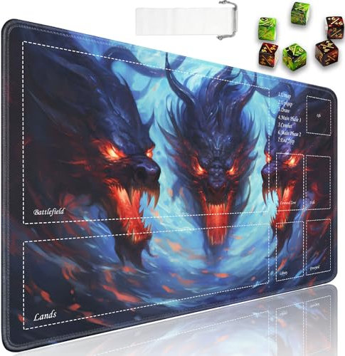 JVGFYNKL TCG Spielmatte, Spielmatte mit Zonen, 61 x 35,6 cm, rutschfestes Gummi für MTG-Spielmatte mit Kordelzug, Reisetasche und 6 Würfel, Drache mit Kopf für MTG-Matte, Kartenspiel-Spielmatten