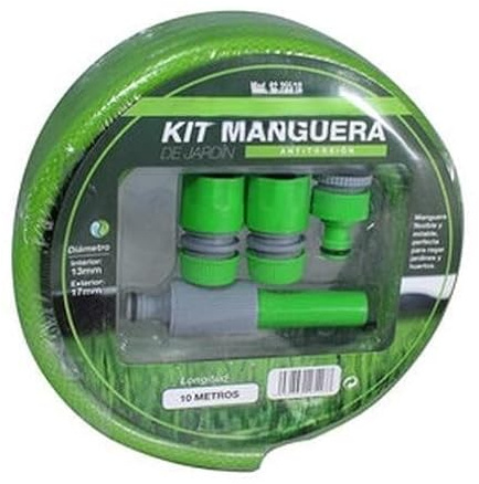 Kit de manguera de jardín 10 metros, resistente a la intemperie, ideal para riego y actividades de jardinería.