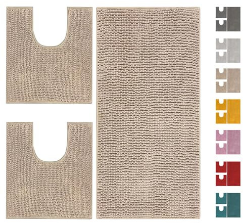 Home Tresor - Set Tappeti Bagno 3 Pezzi per Wc e Bidet, Parure Completo Microfibra Morbido Antiscivolo Assorbente Giro Water Shaggy - Beige