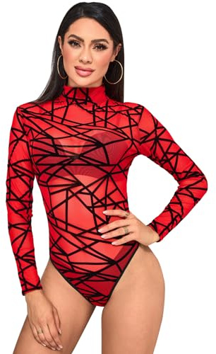 BALAYSIER Body Femme Manches Longues Bodysuit pour Femme Élastique Col Roulé Body String pour Fêtes et Raves(Rayure Rouge,M)
