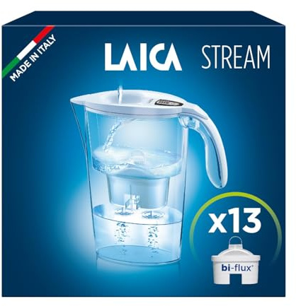 LAICA Stream Line Caraffa Filtrante - 2,3L - Bianca - Timer Digitale - 13 Filtri bi-flux Inclusi, Preserva i Sali Minerali Utili all'Organismo e Riduce Cloro e Metalli Pesanti - Made in Italy