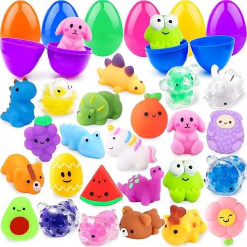 Vinvovojoy 24 Pcs Kit di Uova di Pasqua Giocattolo Riempite con Squeeze Toys, Mini Squishy Kawaii Giocattolo con Perle d'acqua, Jouet Anti Stress per Bambini, Regalo di Natale Festa Compleanno