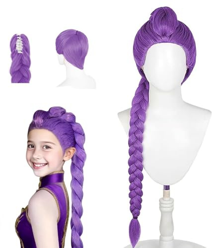 Parrucca Cosplay Bambini, Parrucca Cosplay Da Anime, Parrucca lunga con treccia viola e coda di cavallo, Trecces Violet Realistiche Accessoris Cosplays Per Halloween, Feste Di Carnevale (Viola)